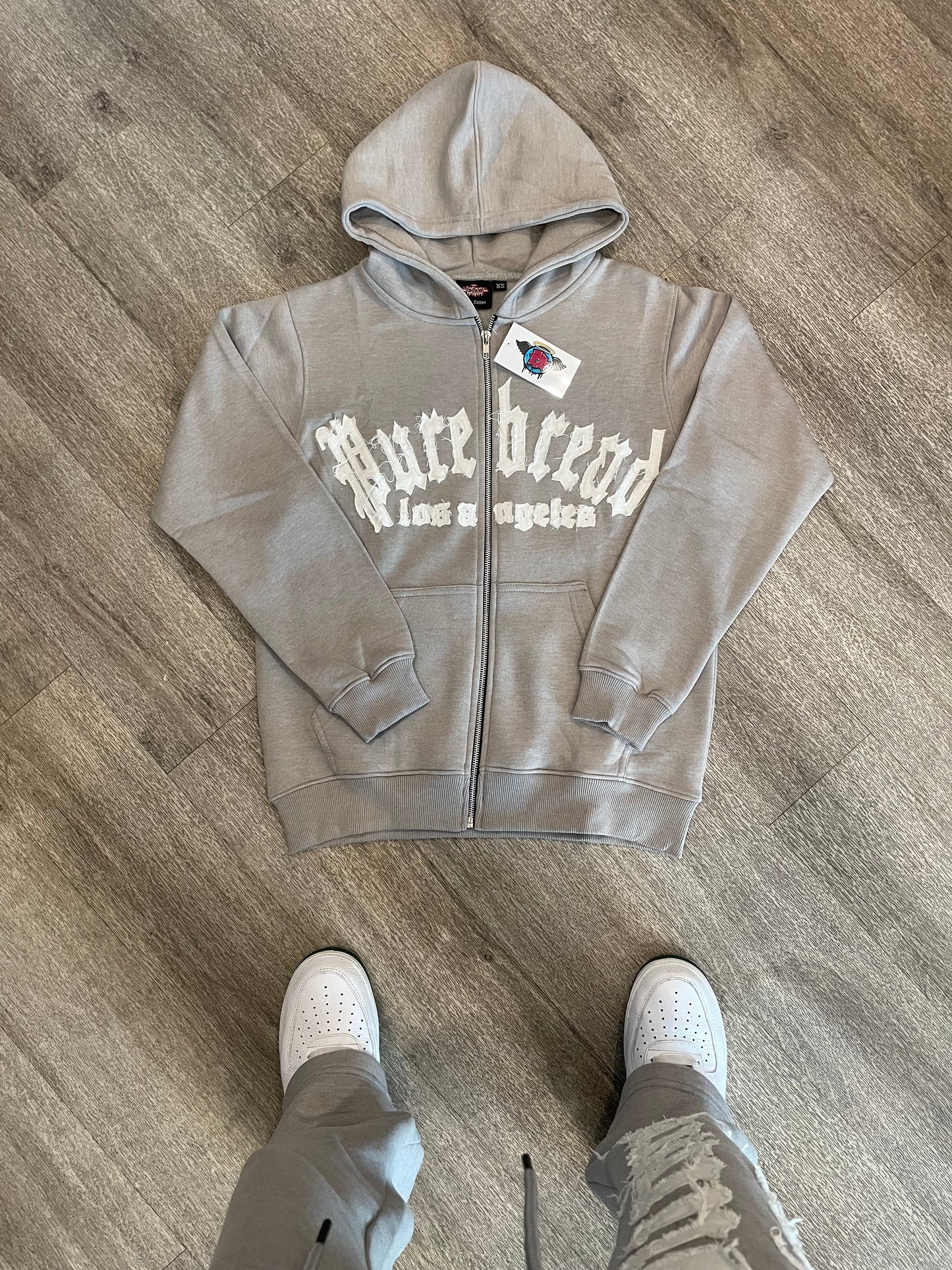 Distressed Embroidery Sweatsuit (Ash Grey and White )