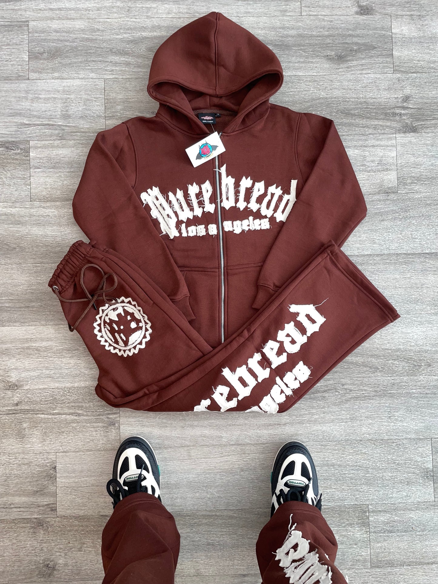 Distressed Embroidery Sweatsuit(Chocolate Brown and Tan)