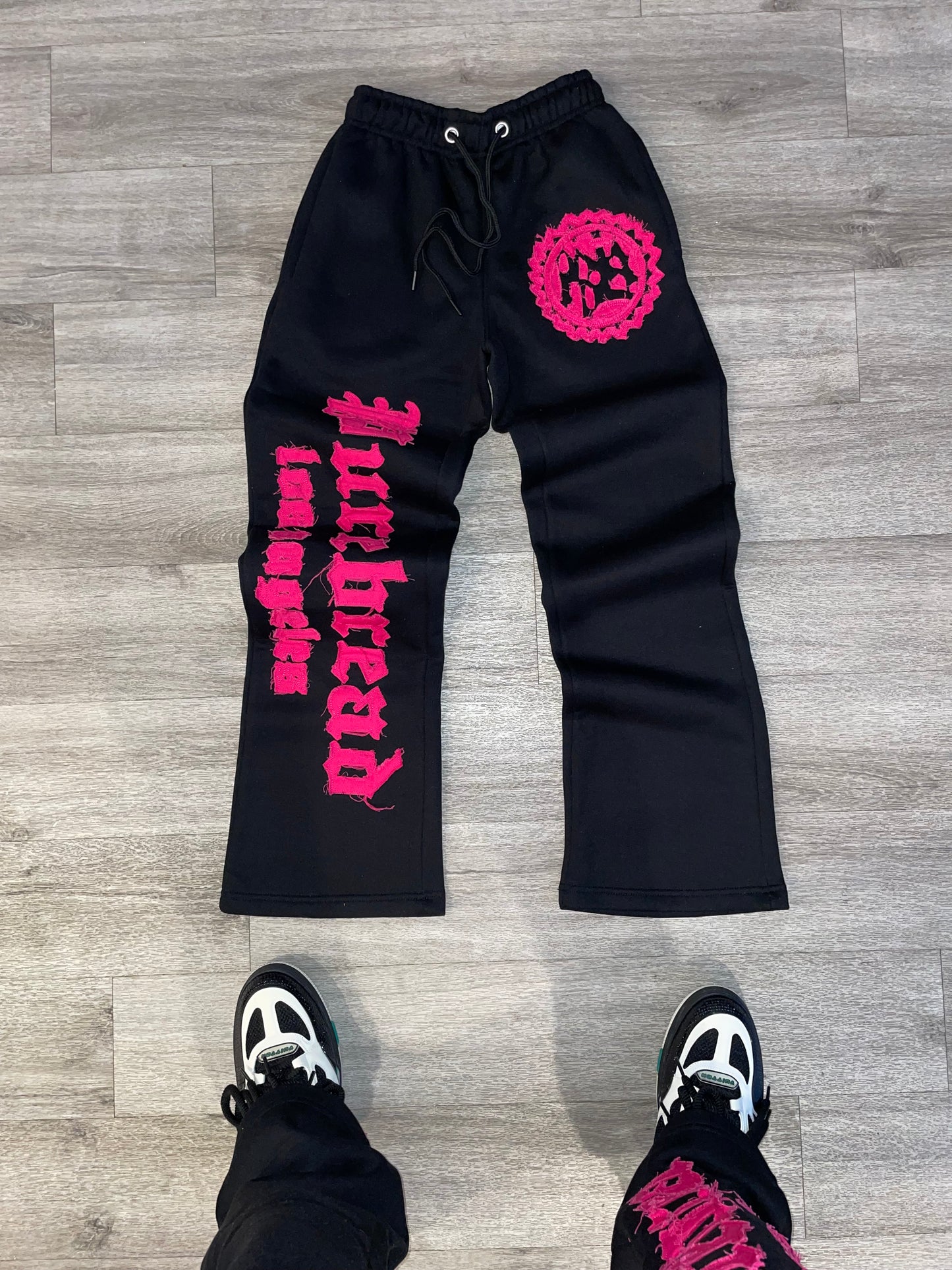 Distressed Embroidery Sweatsuit (Black and Hot Pink)