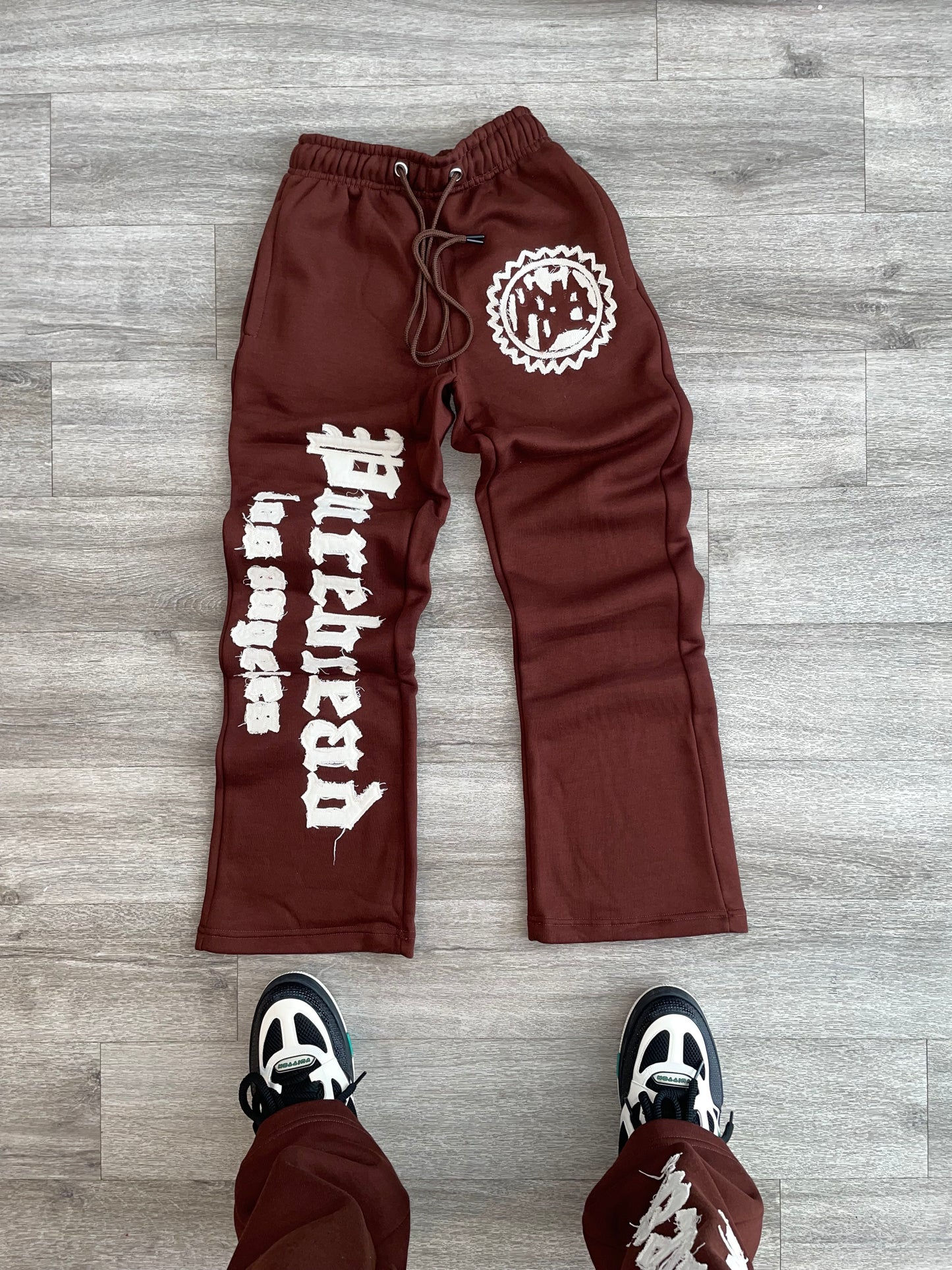 Distressed Embroidery Sweatsuit(Chocolate Brown and Tan)