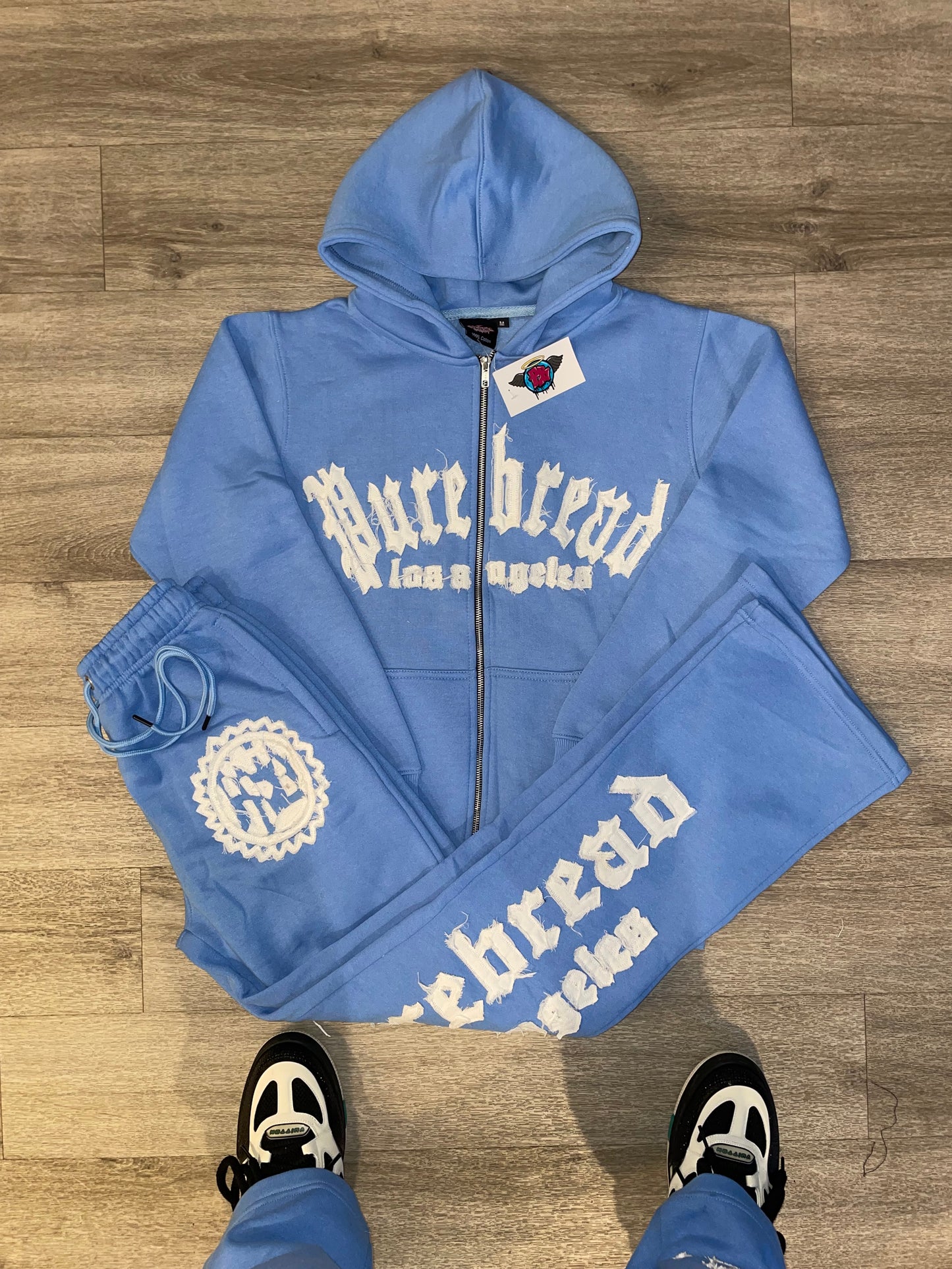 Distressed Embroidery Sweatsuit (Sky Blue and White)