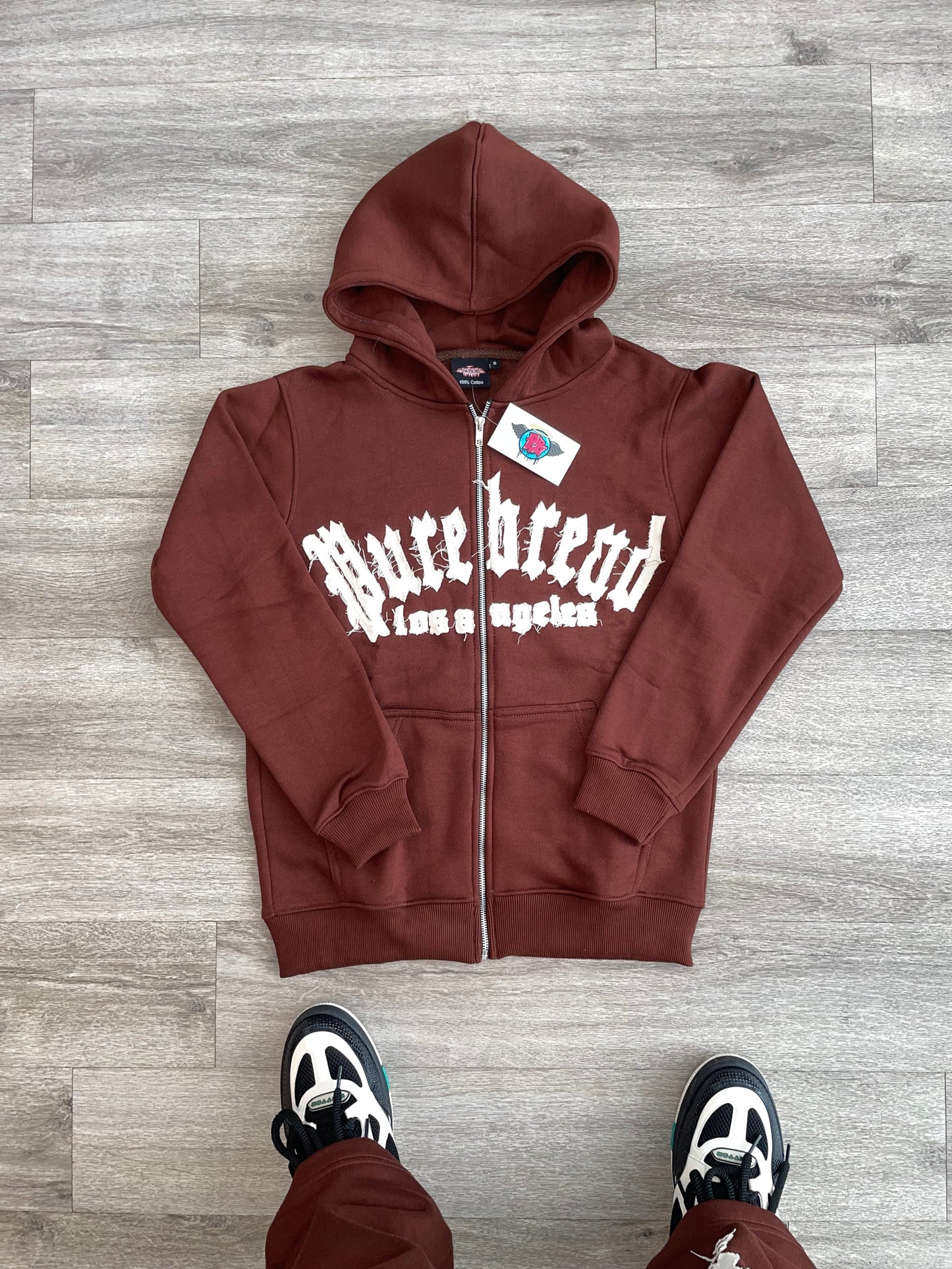 Distressed Embroidery Sweatsuit(Chocolate Brown and Tan)