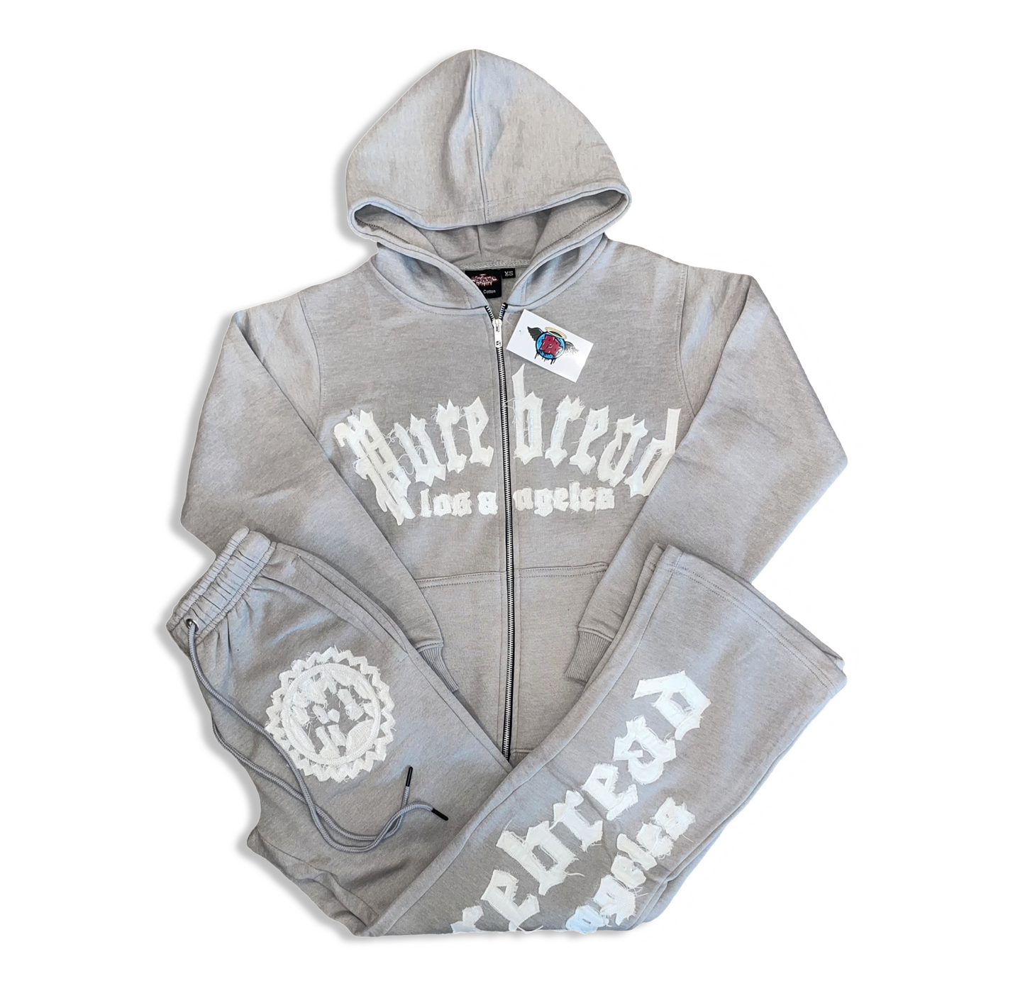 Distressed Embroidery Sweatsuit (Ash Grey and White )