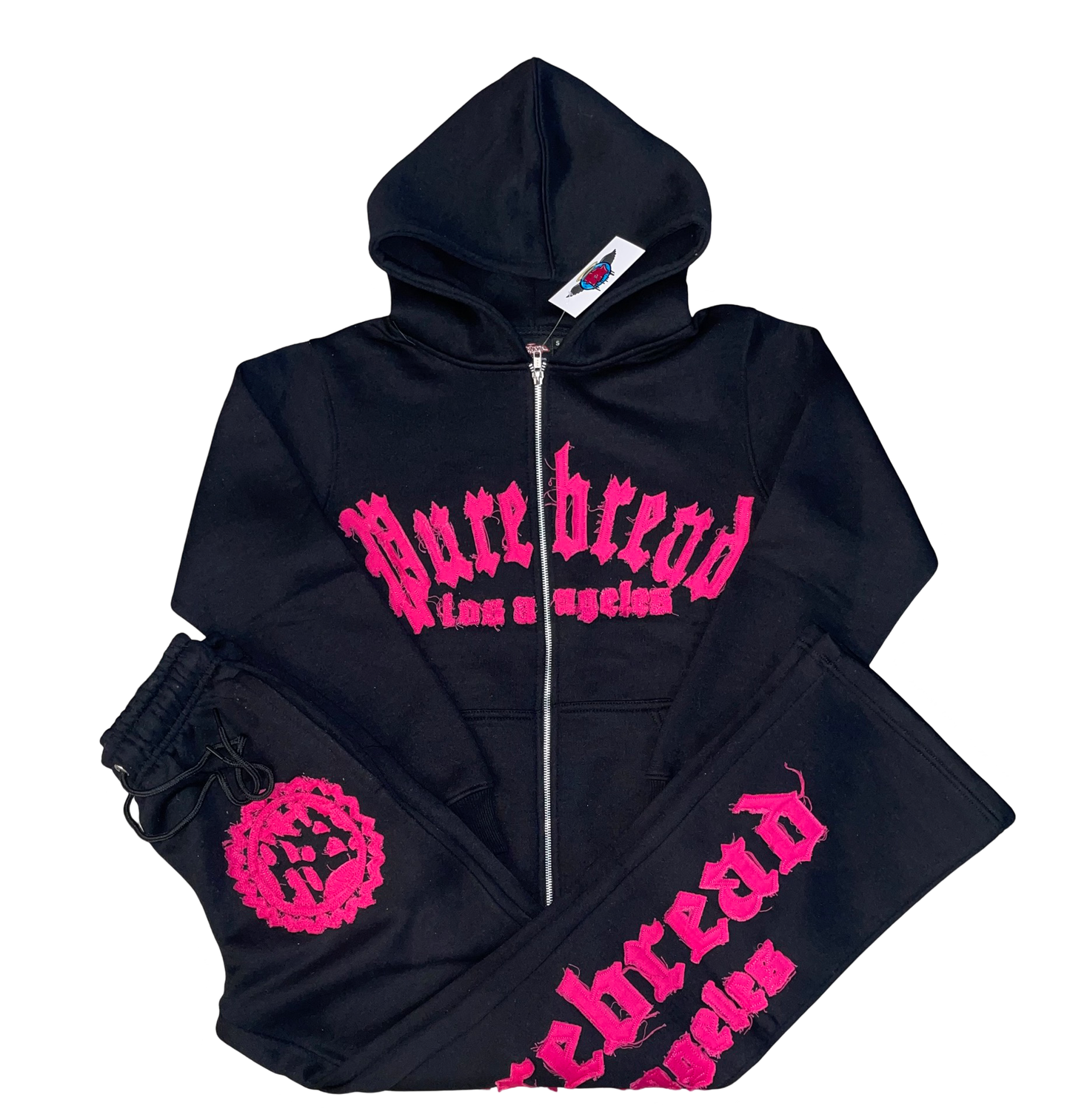 Distressed Embroidery Sweatsuit (Black and Hot Pink)