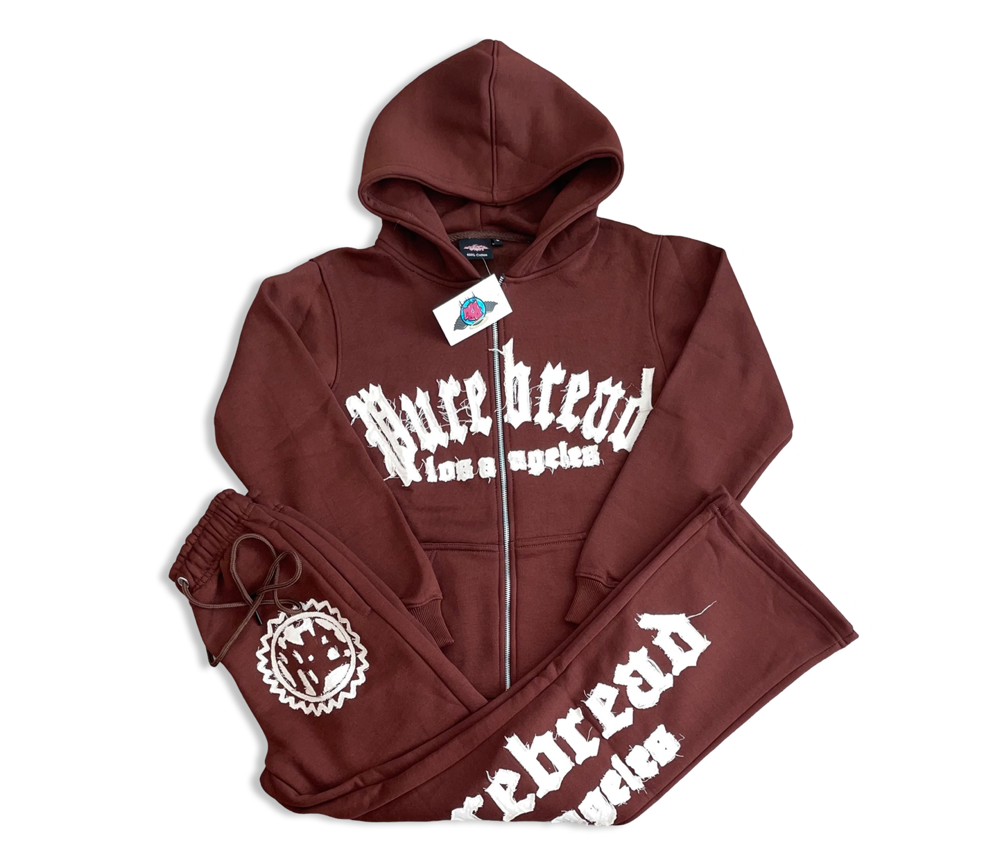 Distressed Embroidery Sweatsuit(Chocolate Brown and Tan)