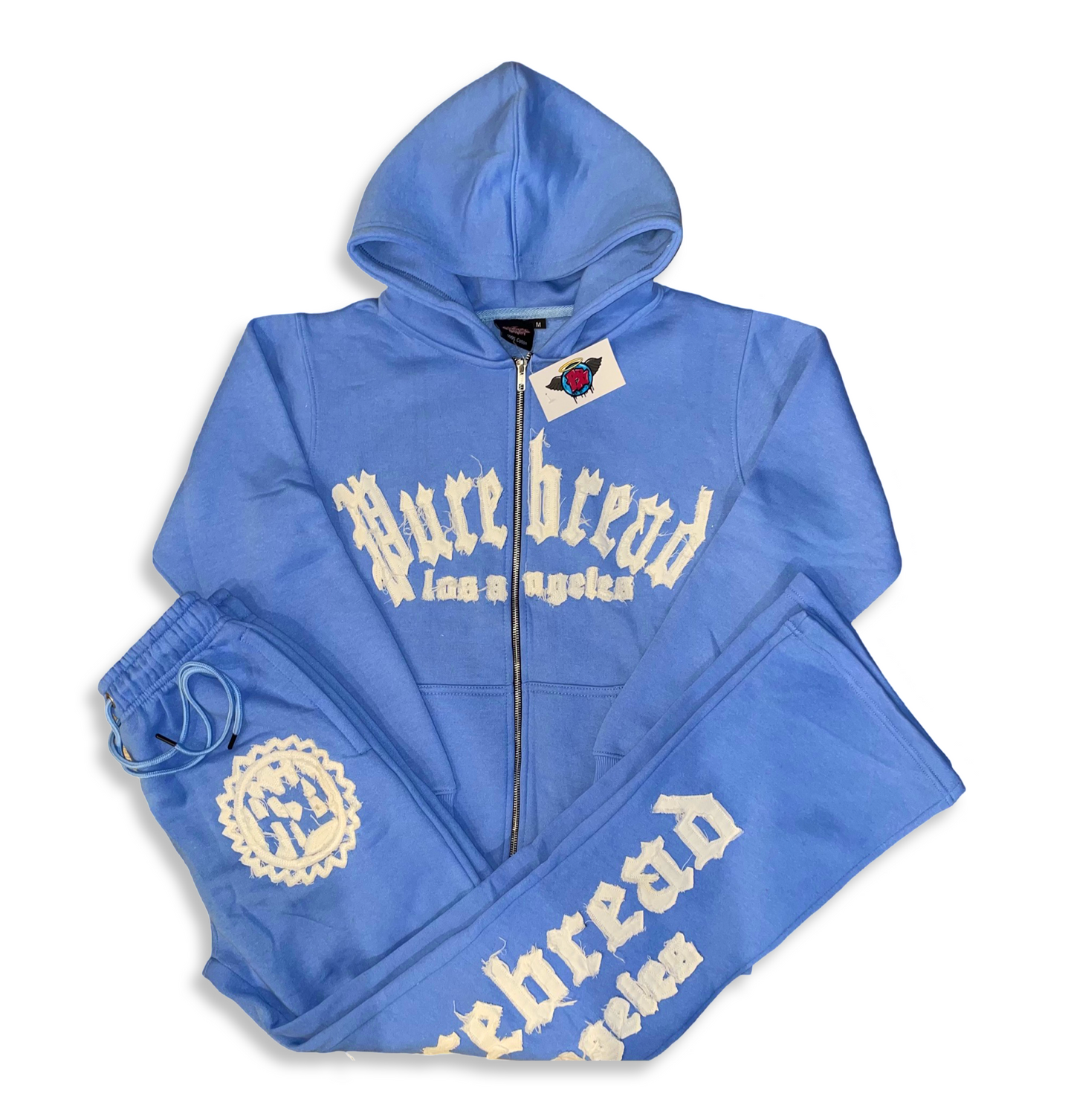 Distressed Embroidery Sweatsuit (Sky Blue and White)